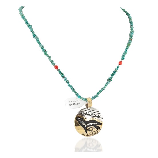 12kt Gold Filled and .925 Sterling Silver Handmade Wolf Certified Authentic Navajo Turquoise Coral Native American Necklace 24420-5-15336
