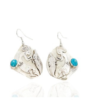 .925 Sterling Silver Handmade KOKOPELI Certified Authentic Navajo Natural Turquoise Dangle Native American Earrings 27174-1