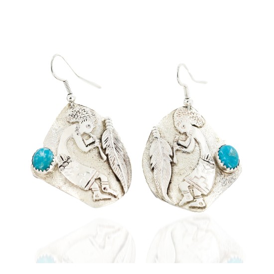 .925 Sterling Silver Handmade KOKOPELI Certified Authentic Navajo Natural Turquoise Dangle Native American Earrings 27174-1