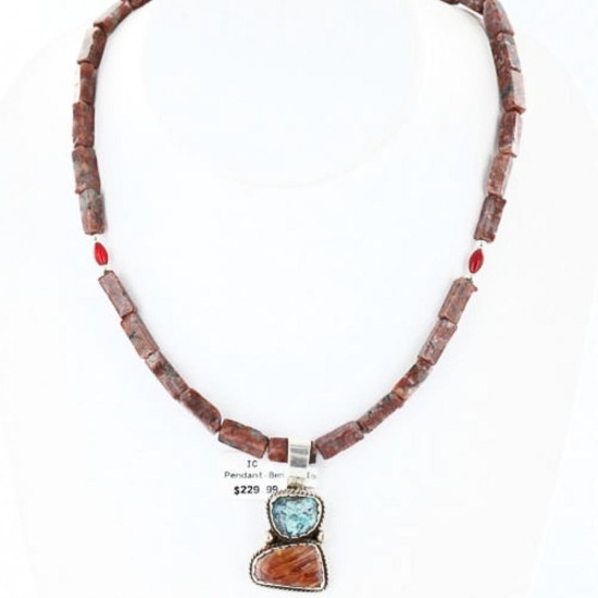 Handmade Certified Authentic Navajo .925 Sterling Silver Natural Spiny Oyster and Turquoise Native American Necklace 370959768947