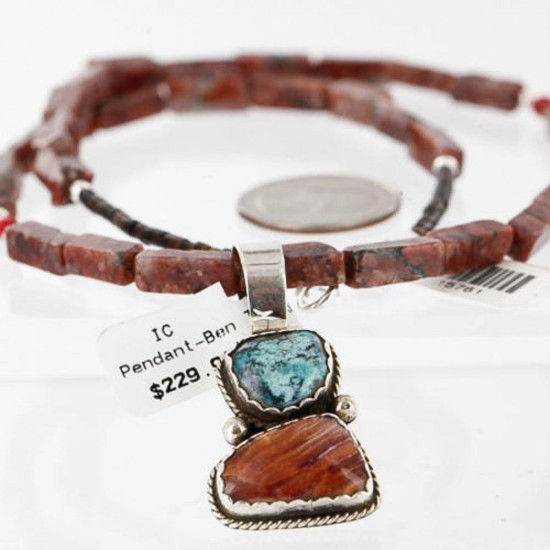 Handmade Certified Authentic Navajo .925 Sterling Silver Natural Spiny Oyster and Turquoise Native American Necklace 370959768947