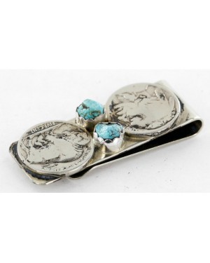 Vintage Style OLD Buffalo Coin Certified Authentic Navajo .925 Sterling Silver and Nickel Natural Turquoise Native American Money Clip 11244-2