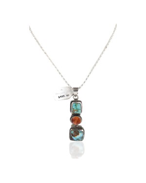 Handmade Navajo .925 Sterling Silver Natural Turquoise and Spiny Oyster Native American Necklace 10052