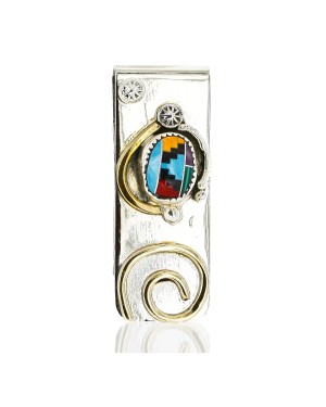Handmade Certified Authentic Navajo Nickel and Brass Inlaid Natural Multicolor Stones Native American Money Clip 10525-10