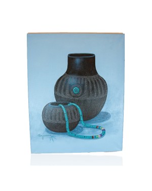 $300 Navajo Pottery Blue Painted by Certified Authentic Acrylic Native American Painting  10784