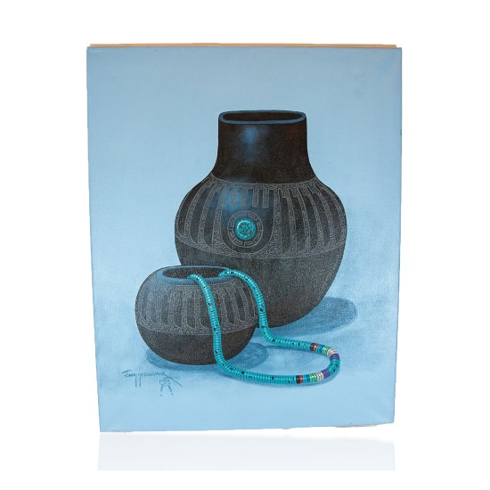 $300 Navajo Pottery Blue Painted by Certified Authentic Acrylic Native American Painting  10784