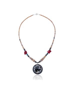 Bear Paw .925 Sterling Silver Certified Authentic Navajo Native American Natural Turquoise Coral Graduated Melon Shell Necklace 11051-2