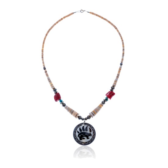 Bear Paw .925 Sterling Silver Certified Authentic Navajo Native American Natural Turquoise Coral Graduated Melon Shell Necklace 11051-2 Bear Paw .925 Sterling Silver Certified Authentic Navajo Native American Natural Turquoise Coral Graduated Melon Shell Necklace 11051-2