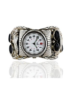 Certified Authentic Navajo .925 Sterling Silver Black Onyx Signed Native American Watch 11114
