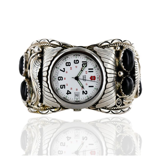 Certified Authentic Navajo .925 Sterling Silver Black Onyx Signed Native American Watch 11114