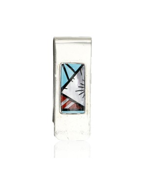 Handmade Certified Authentic Signed Navajo Nickel Inlaid Natural Turquoise Coral Mother of Pearl and Black Onyx Native American Money Clip 11245
