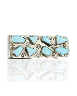 Handmade Certified Authentic Signed Zuni Nickel Natural Turquoise Nuggets Native American Money Clip 11246