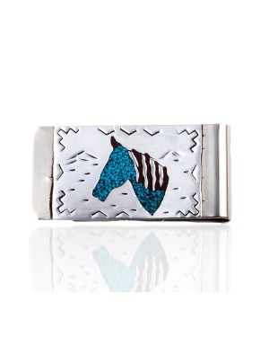 Horse Head .925 Sterling Silver Ray Begay Certified Authentic Handmade Navajo Native American Natural Turquoise Coral Money Clip 11253-10