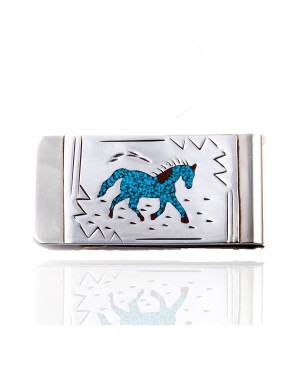 Horse .925 Sterling Silver Ray Begay Certified Authentic Handmade Navajo Native American Natural Turquoise Coral Money Clip 11253-11