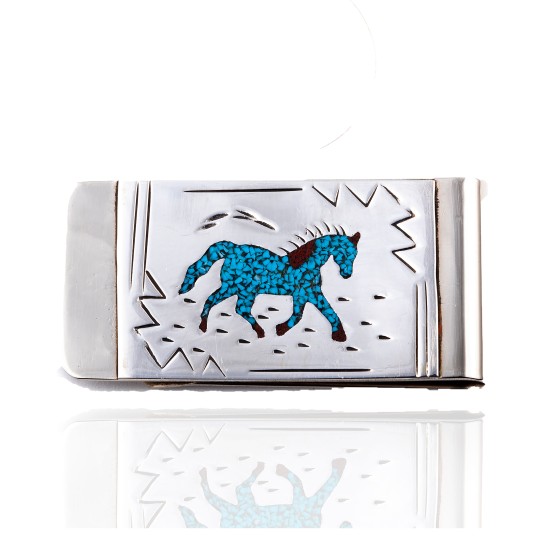 Horse .925 Sterling Silver Ray Begay Certified Authentic Handmade Navajo Native American Natural Turquoise Coral Money Clip 11253-11