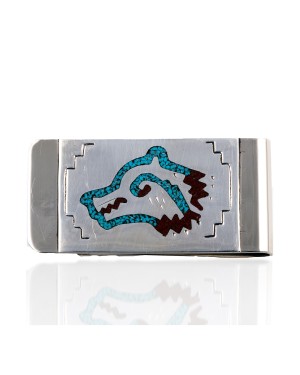 Wolf Head .925 Sterling Silver Certified Authentic Handmade Navajo Native American Natural Turquoise Coral Money Clip 11253-15
