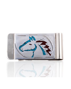 Horse Head .925 Sterling Silver Ray Begay Certified Authentic Handmade Navajo Native American Natural Turquoise Coral Money Clip 11253-3