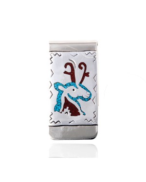 Deer .925 Sterling Silver Ray Begay Certified Authentic Handmade Navajo Native American Natural Turquoise Coral Money Clip 11253-5