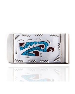 Eagle .925 Sterling Silver Ray Begay Certified Authentic Handmade Navajo Native American Natural Turquoise Coral Money Clip 11253-6
