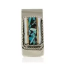 Handmade Navajo Nickel and .925 Sterling Silver Inlay Natural Turquoise and Mother of Pearl Native American Money Clip 11263-2