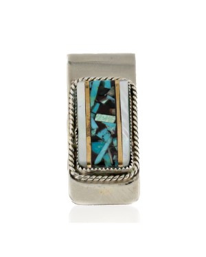 Handmade Certified Authentic Navajo Nickel and .925 Sterling Silver Inlay Natural Turquoise and Mother of Pearl Native American Money Clip 11263-2