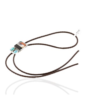 Handmade Certified Authentic Navajo .925 Sterling Silver Natural Turquoise Black Onyx Jasper Mother of Pearl Native American Bolo Tie  1206-1
