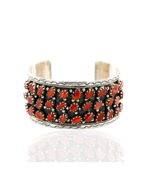 Certified Authentic Navajo .925 Sterling Silver Natural Coral Native American Bracelet 12295