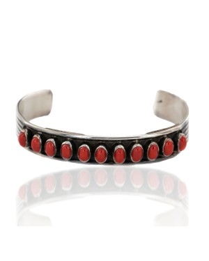 Handmade Certified Authentic Navajo .925 Sterling Silver Natural Coral Native American Bracelet 12426