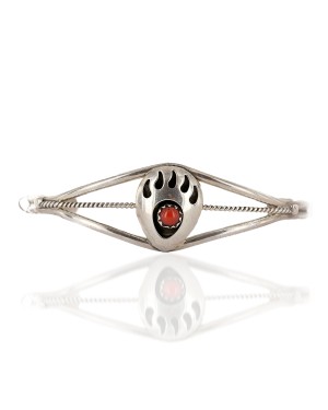Handmade Bear paw Certified Authentic and Mae Navajo .925 Sterling Silver Coral Native American Bracelet 12442