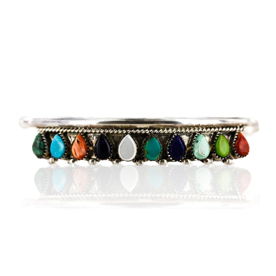 Petit Point Handmade Certified Authentic Zuni .925 Sterling Silver Multicolor Turquoise Native American Bracelet 12611