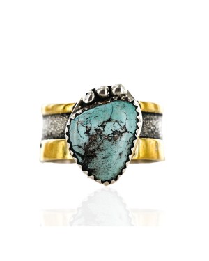 .925 Sterling Silver and 12kt Gold Filled Handmade Certified Authentic Navajo Natural Turquoise Native American Ring  12628-1