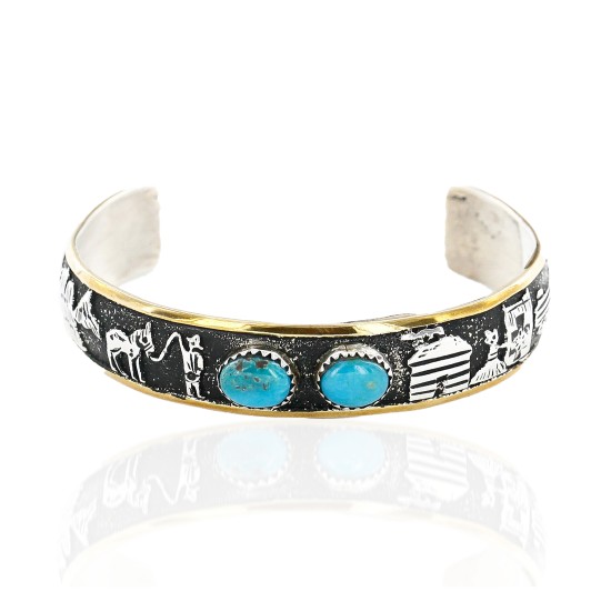 12kt Gold Filled and .925 Sterling Silver Handmade Storyteller Certified Authentic Navajo Turquoise Native American Bracelet 12638