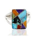 Handmade Signed Navajo Inlaid .925 Sterling Silver Turquoise Multicolor Stones Native American Ring 12639