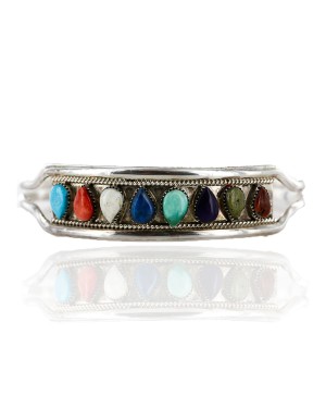 Petit Point Handmade Certified Authentic Zuni .925 Sterling Silver Multicolor Turquoise Native American Bracelet 12665-00