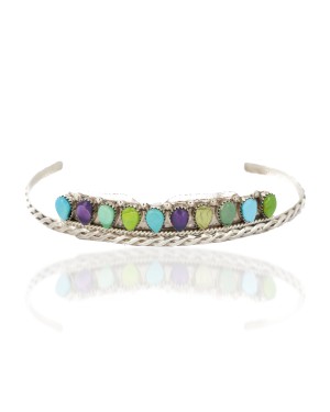 Handmade Certified Authentic Zuni .925 Sterling Silver Natural Sugilite Turquoise and Gaspeite Native American Bracelet 12667-0