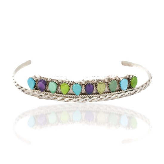 Handmade Certified Authentic Zuni .925 Sterling Silver Natural Sugilite Turquoise and Gaspeite Native American Bracelet 12667-0
