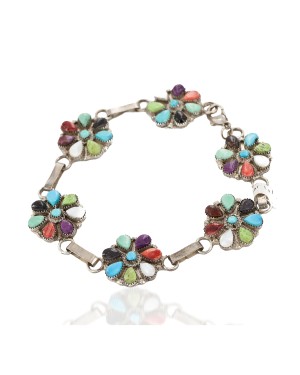 Handmade Certified Authentic Zuni .925 Sterling Silver Petit Point Natural Multicolor Native American Bracelet 12668