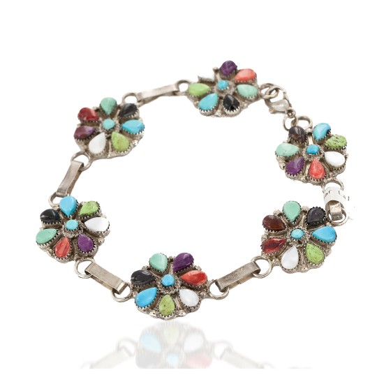 Handmade Certified Authentic Zuni .925 Sterling Silver Petit Point Natural Multicolor Native American Bracelet 12668
