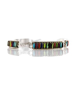 Petit Point Handmade Certified Authentic Zuni .925 Sterling Silver Multicolor Turquoise Link Native American Bracelet 12669