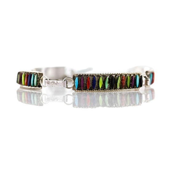 Petit Point Handmade Certified Authentic Zuni .925 Sterling Silver Multicolor Turquoise Link Native American Bracelet 12669