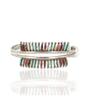 Handmade Certified Authentic Zuni .925 Sterling Silver Petit Point Natural Multicolor Native American Bracelet 12672