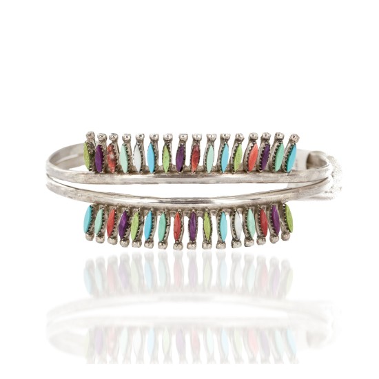 Handmade Certified Authentic Zuni .925 Sterling Silver Petit Point Natural Multicolor Native American Bracelet 12672