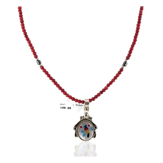 .925 Sterling Silver Inlay Bird Handmade Certified Authentic Navajo Natural Turquoise Coral Multicolor Stones Native American Necklace 12674-15930-15