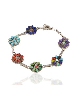 Handmade Certified Authentic Zuni .925 Sterling Silver Petit Point Natural Multicolor Native American Bracelet 12684-1