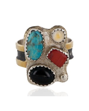12kt Gold Filled 925 Sterling Silver Handmade Certified Authentic Navajo Natural Multicolor Stones Native American Ring  12690-2