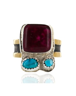 .925 Sterling Silver And 12kt Gold Filled Handmade Certified Authentic Navajo Turquoise, Sugilite Native American Ring  12691-3