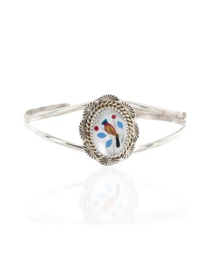 Handmade Bird Certified Authentic Navajo .925 Sterling Silver Natural Turquoise Coral Mother of Pearl Onyx Inlay Native American Bracelet 12825-1