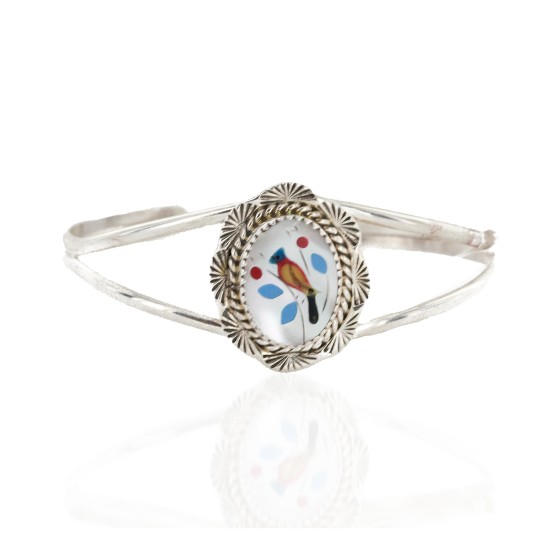 Handmade Bird Certified Authentic Navajo .925 Sterling Silver Natural Turquoise Coral Mother of Pearl Onyx Inlay Native American Bracelet 12825-1
