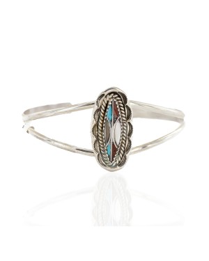 Handmade Certified Authentic Navajo .925 Sterling Silver Natural Turquoise Coral Mother of Pearl Inlay Native American Bracelet 12827-2