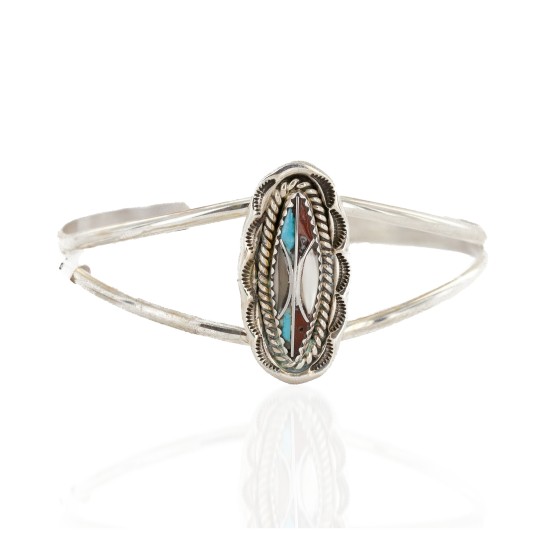 Handmade Certified Authentic Navajo .925 Sterling Silver Natural Turquoise Coral Mother of Pearl Inlay Native American Bracelet 12827-2